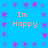 A static image with a bright blue background featuring repeating pink starburst patterns and four identical text blocks reading 'Im Happy' in orange pixelated font.