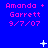Blue background with repeated pink text 'Amanda + Garrett 9/7/07' and scattered white star-like shapes.