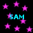Black background with scattered pink stars and cyan text reading "SAM" in multiple locations.