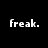 Two identical pixelated white text instances of 'freak.' on a black background, side-by-side.