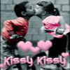 Animated sequence of a couple kissing, with pink hearts and 'Kissy Kissy' text over grayscale background.
