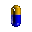 A blue and gold capsule-shaped object rotates through multiple angles against a gray background.