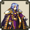 Three pixel-art characters in separate frames: a purple-robed figure with blue hair, a red-and-white armored warrior with blue hair holding a sword, and a green-haired character with a staff.