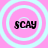 Four identical circular icons with light blue concentric rings on a pink background, each containing the text 'scay' in black pixelated font.