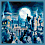Pixelated night scene with full moon, silhouetted castle towers, and blue-toned cityscape elements across four