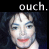 Pixelated static image of a person's face with the word "ouch." above it on a black background, rendered in low-resolution 256x256 pixels.
