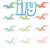 Pixelated of small bird icons with three color variations, overlaid with a large stylized 'i1y' text in blue, green, and pink across different sections