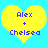 Two identical yellow heart shapes on a cyan background, each containing blue pixelated text reading "Alex + Chelsea".