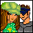 Pixelated image of two figures: a woman with long brown hair wearing green polka-dot top and green hat, next to man in gray shirt and blue headband.