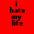 Red background with black text "i hate my life" and blue rectangular overlays in various positions across six