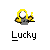 Pixelated icon shows a figure with yellow hair and a white circular face, holding a golden object, with 'Lucky' text below on gray background.