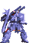 Pixelated mecha robot in blue-gray armor with red accents, holding a large weapon that emits green and white light effects across four