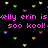 Pixelated text reads 'kelly erin is soo kool!' in bright pink on black background with scattered colored hearts.