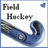 Red background split into two sections with text and a field hockey stick image; left section shows 'Field Hockey' above the stick, right section displays multiple lines of pixelated white text.