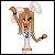 Pixel art character with long blonde hair, bunny ears, and a white dress holding a bottle.