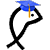 Pixelated fish-shaped icon with black outline, white body, and blue graduation cap with gold tassel on gray background.
