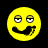 Static pixelated yellow smiley face icon with squinted eyes and a wide, uneven grin on black background.