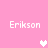 Pixelated pink background with four 'Erikson' text instances and three heart symbols in white and light pink.
