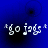 *go jags* text in white pixelated font on blue background with four black circular shapes; animation shifts the positions of the circles across frames.