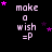 Pixelated text 'make a wish =P' in light purple on black background with scattered pink and dark purple stars, arranged in three of four icons each