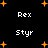 Black background with orange star shapes and white text reading Rex and Styr in a pattern
