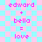 Pixelated text on a pink and cyan checkered background reads 'edward + bella = love' twice in vertical alignment.