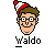 Pixelated character face with brown hair, glasses, and a red-and-white Santa hat above the name 'Waldo' in blocky text.