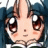 Pixelated anime-style character with large brown eyes and blue hair, next to black background with white text.