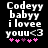 Pixelated text reads "Codeyy babyy i lovee youu<3" with pink and purple hearts below on black background.