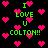 Pixelated green text "I LOVE U COLTON!!" repeats across a black background filled with pink heart shapes, some of which shift position between frames.