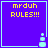 Four identical purple with yellow text "mrduh RULES!!!" and light blue borders, each containing a small pixelated figure at the bottom right corner