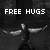 Pixelated black-and-white image with 'FREE HUGS' text above a figure with outstretched arms against a dark background.