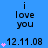 Blue background with black text 'i love you' and date '12.11.08', pink hearts animate in from top to bottom