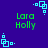 Pixelated green text 'Lara Holly' on dark blue background with cyan square patterns, static image.