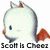 Pixelated cartoon fish with white body, dark gray outline, and red fins, featuring a single black eye and a small mouth, with text below reading 'Scott Is Cheee'