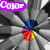 A pixelated animated icon with a gray radial background and a central colorful flower-like shape, featuring purple text overlays changing across frames.