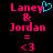 Pixelated text displays 'Laney & Jordan = <3' with a cyan heart symbol replacing the ampersand in one version, all on black background.