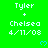 Green background with repeated white text 'Tyler + Chelsea 4/11/08' and small blue heart symbols, partially cropped at bottom right.