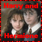 Two figures in school uniforms with red text overlays reading 'Harry and Hermione' against a brown background bordered by red and black pixels.