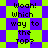 Pixelated text 'Woah! Which way to the TOP?' repeated on a purple and green checkered background with diamond-shaped pattern variations.
