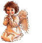 A small angel figure with curly brown hair, white robe, and translucent wings in a kneeling prayer pose against gray background.