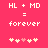 Pixelated text and heart symbols on a solid pink background, with two identical static frames showing 'HL + MD = forever' and five heart icons below.