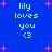 Blue background with pink starbursts and light blue text reading 'lily loves you <3' in four identical quadrants.
