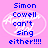 Pixelated blue text on pink background reads "Simon Cowell can't sing either!!!!" with a faint white circular outline behind the left side of the text.