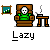 Pixel art of a white skull in a green shirt sitting in a brown chair, with a small table and framed picture in the background, labeled 'Lazy' below.