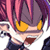 Pixelated anime-style character icon with pink and purple hair, yellow eyes, white shirt, dark pants, and a brown mouth expression on transparent background.