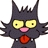 Pixelated dark gray creature with spiky hair, yellow eyes, pink mouth, and red chest symbol on white background.