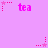 Pixelated pink text 'tea' appears multiple times on a light purple background, each accompanied by a small pink star with dotted lines extending from it.