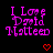 Pixelated text 'I Love David Matteo' in magenta with red hearts on black background, showing animation changes across frames.