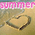Four display the word "summer" in different colors above a heart drawn in sand, with each showing distinct text color variations